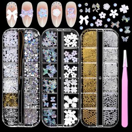 3 Boxes 3D Flowers Bows Nail Art Charms, White Flower Butterfly Nail Charms Transparent Nail Bows, Flatback Pearl Nail Charms Gold Silver Caviar Beads Nail Gems Charms for Nail DIY Accessories