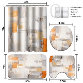 Lnond 4Pcs Bathroom Sets with Shower Curtain and Rugs, Grey Orange Abstract Bathroom Shower Curtain Sets, Grey Orange Grey Modern Art Bathroom Sets with Rugs and Accessories