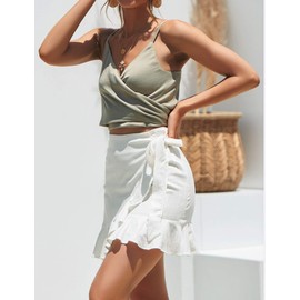 Relipop Women's Stretchy Cotton High Waist Ruffle Wrap Tie Knot Fishtail Mini Skirt (White,Small)