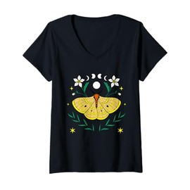 Womens Boho Colorful Lunar Moth w/Moon & Lotus Flowers Nature Vibe V-Neck T-Shirt