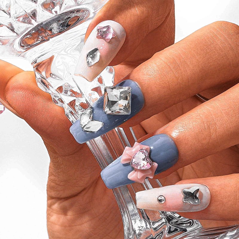 Sethexy Colourful Rhinestone Long Coffin False Nail 3D Crystal False