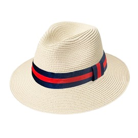 TOSKATOK Ladies Straw Panama Fedora Sun Hat with Contrast Band-Navy/RED