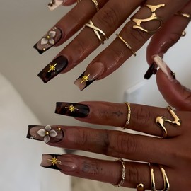 3D Press on Nails Medium Square MABKJLF Brown French Tip Fake Nails Flower False Nails with Designs Cherry Gold Stars Glossy Glue on Nails Stick on Nails for Women Girls 24Pcs