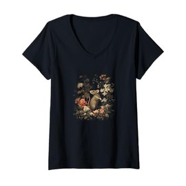 Womens Elegant Mouse And Vintage Flowers Design V-Neck T-Shirt