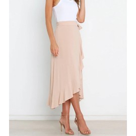 Vcindai Women's Summer Skirt Long Skirt Summer Midi Skirt High Waist Ruffle Hem Skirts, beige