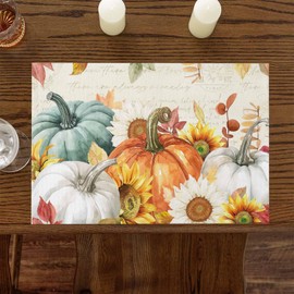 Fall Placemats Set of 6 Thanksgiving Pumpkin Table Mats, Farmhouse Thanksgiving Sunflower Seasonal Holiday Outdoor Dining Table Place Mats for Home Party Decoration(Orange Green, 13"x19")