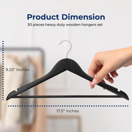 SereneLife 30 Pieces Wood Hangers - Space Saving Heavy Duty Slim Suit Clothes Hanger Set with 360 Degree Swivel Metal Hook, Can Hold Up to 10 Lbs. for Coats, Jackets, Pants & Dress (Black)