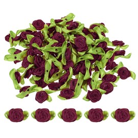 PATIKIL Mini Rosas de Cinta, 100 Unidades de Pequeñas Flores de Tela Satinada con Hojas Verdes, Adornos de Rosetas para Manualidades, Costura, Bodas, Rojo Oscuro