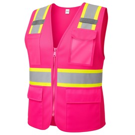 HSHCH Reflective Safety Vest for Women, High Visibility Construction Vest with Pockets Zipper Hi-Vis Stripes, ANSI Compliant (Pink, XS)