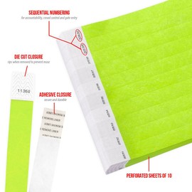 100 WristCo Lime Green Tyvek Wristbands for Events - Comfortable Tear Resistant Paper Bracelets ID Wrist Bands for Concerts Festivals Admission Party Identification