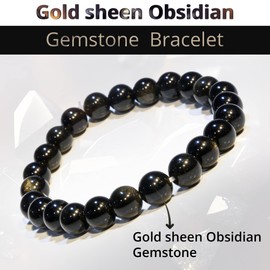 Gold Sheen Obsidian Crystal Bead Bracelet – Healing Crystal Bracelet for Women and Men – Beaded Bracelets for Spiritual Healing, Positive Energy – Unisex Elastic Adjustable Size Gemstone Bracelet