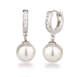 Schöner-SD Creole Earrings, 925 Silver Rhodium with 10 mm Pearl Ball, Silver