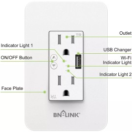 BN-LINK Wifi Smart In-Wall Electrical Outlet with USB Ports Control by Phone