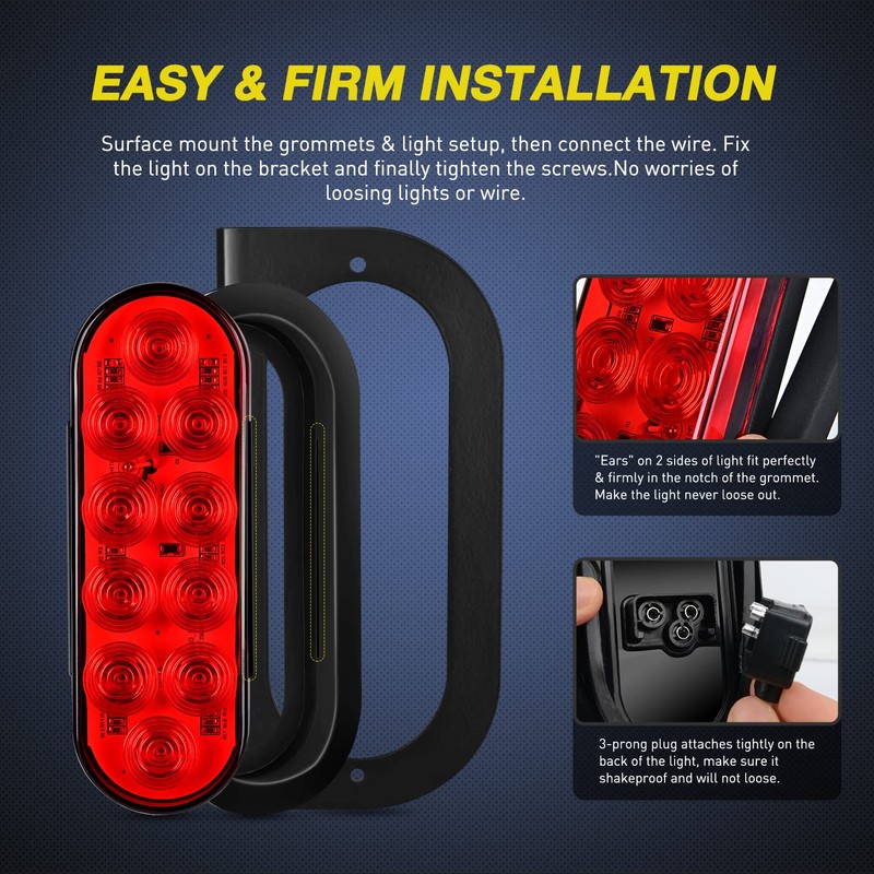 Nilight 6Inch Oval Trailer Tail Light with Flush Mount Grommets