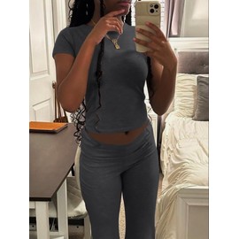 AYWA Women's 2 Piece Lounge Sets Short Sleeve Crop Top Foldover Flare Pants Casual Pajama Outfits (Dark Grey, Medium)