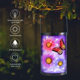 Afirst Hanging Solar Lantern Outdoor Butterfly Glass Lights Waterproof LED Lamp for Garden Yard Tree Desk Decor