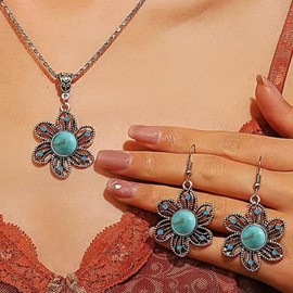 72ore Boho Necklace Earrings Set Silver Flower Turquoise Stone Pendant Vintage Earrings Necklace for Women Western Jewelry Set Birthday Gifts Outfits Accessories