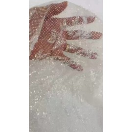 Mia's Fabrics Inc Plant Cluster Glitter Fabric - White - Bead Embroidered Plant Design Fabric Yard