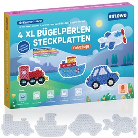 Smowo® 10 mm Ironing Beads Plates Vehicles - Set of 4 Pegboards and Templates - Car, Ship, Train, Plane - Large Pin Plates for Children from 3 Years