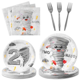 G1ngtar 96Pcs Two Nado Party Plates Supplies - Tornado 2nd Birthday Party Tableware Decorations Two Nado Disposable Paper Plates Napkin Fork for Boy 2 Year Old Birthday Baby Shower, Serves 24 (Gary)