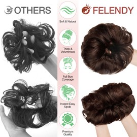 FELENDY 2PCS Messy Bun Hair Piece Large Wavy Curly Elastic Hair Bun Scrunchies Fluffy Thick Donut Chignon Hairpieces Updo Extensions Light Brown Mix Mid Brown