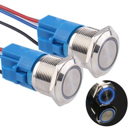 JIQI 2Pcs 22mm 0.87'' Latching Push Button Switch 12V-24V Waterproof LED On Off Metal Self-Locking Switch 1 NO 1 NC for 7/8'' Mounting Hole 0.87'' with Wire Socket Plug(Blue)