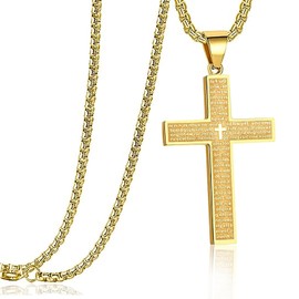 FULULAY Stainless Steel Cross Pendant Necklace For Men,Bible Verse Lord's Prayer Religious Jewelry For Boy,On 22-24 In Rolo Chain,Gold