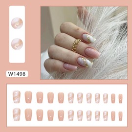 Pink Press on Nails Medium Square - QUNQINLI Marble Fake Nails White Coffin False Nails Press Ons With Gold Glitter Designs Glossy Nail Tips Full Cover Acrylic Nail Kit for Women Manicure 24 Pcs