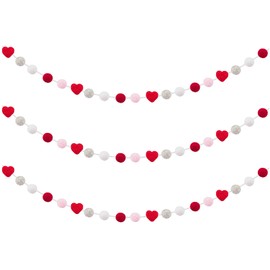 3 Pcs Felt Ball Heart Garlands - Felt Pom Pom Heart Hanging Ornaments for Anniversary, Wedding, Party Decors, Memorial Gifts, Grey White Red
