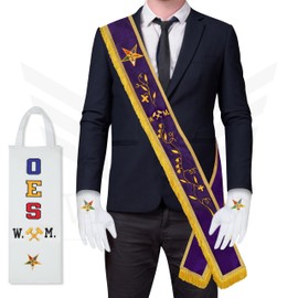 Masonic Worthy Matron Sash – Order of Eastern Star (OES) Purple WM Sash with Leather Case & Free Cotton Gloves – Freemason Accessories for Ceremonial Use