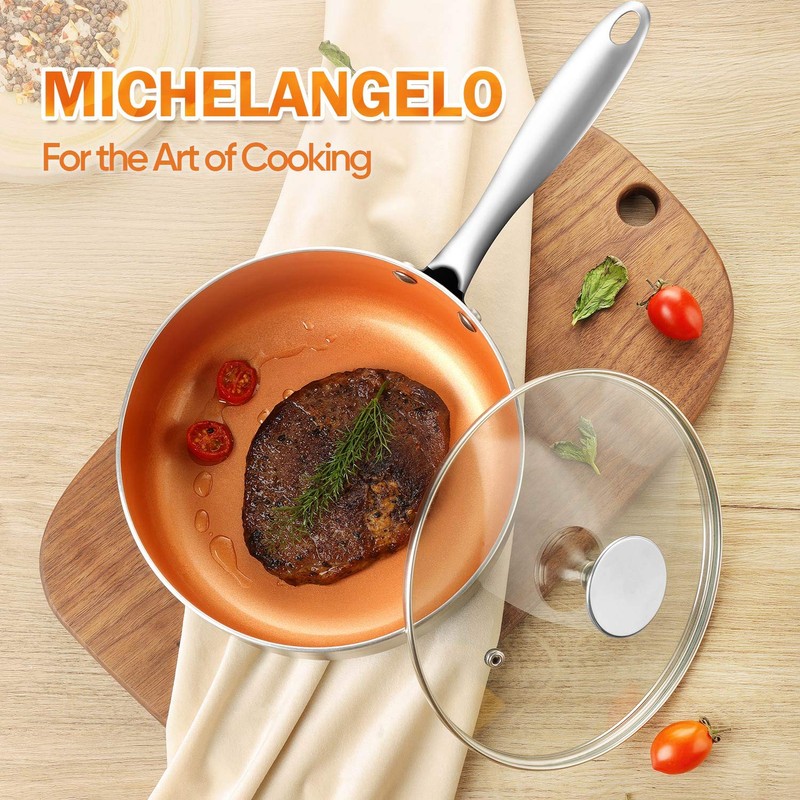 MICHELANGELO Copper Frying Pan Set with Lid, 8" & 10"