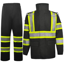 ZUJA High Visibility Safety Jacket and Pants ANSI/ISEA Standard Reflective Jacket Pocket and Zipper(Black Rain Suit,M)