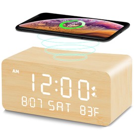Andoolex Wooden Digital Alarm Clock with Wireless Charging, 0-100% Adjustable Brightness Dimmer and Alarm Volume, Weekday/Weekend Mode, Dual Alarm, Snooze, 12/24H, Wood LED Clock for Bedroom (Bamboo)