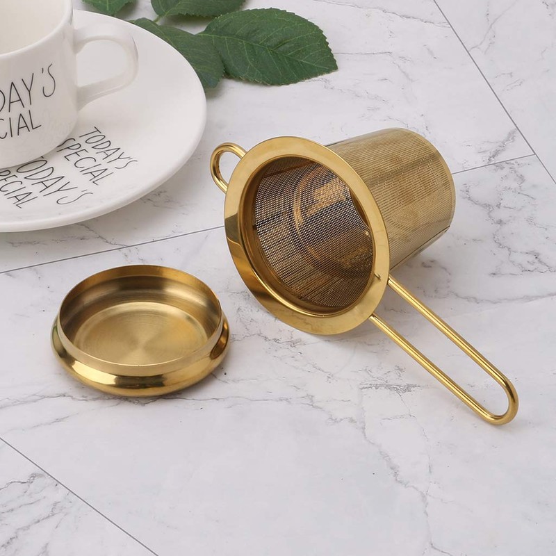 hgfcdd Premium Edelstahl-Teesieb mit Doppelgriffen und Deckeln (Gold)