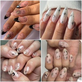 4 Sheets Star Nail Stickers 3D Glitter Self-Adhesive Star Decals Gold Silver Black White Cross Starlight Shiny Nail Design Stickers Nail Supplies for Women Girls DIY Nails French Manicure Decoration