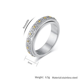 IFUAQZ Women's Anxiety Ring 6MM Stainless Steel Spinner Ring Daisy Sunflower Pattern Wedding Band Fidget Tool, metal, no gemstone