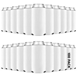 100 Pack Blank Slim Can Cooler Sleeves, Sublimation Insulated Foam Drink Holder for Beer, 12oz Skinny Foldable Soda Cover for Weddings, Parties Supplies, Bulk Assorted Solid Color (White)
