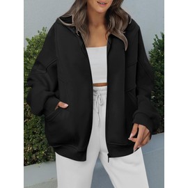 ANRABESS Women's Oversized Full Zip Up Sweatshirts Jacket 2024 Fall Fleece Long Sleeve Hoodies Outfit Black Medium