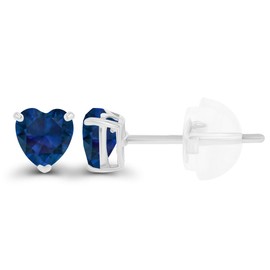 Solid 14K White Gold 4mm Heart Created Blue Sapphire September Birthstone Genuine Stud Earrings For Women