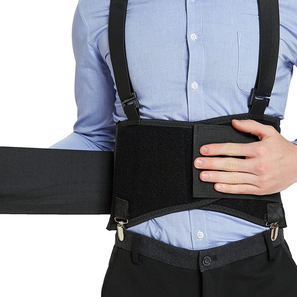 Neotech Care Lumbar Brace with Removable Pants Clips & Detachable Suspenders - Back Support Belt - Adjustable, Light, Breathable - Shoulder Holsters - Work, Posture - Black (Size XL)