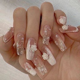 [Overseas] Gel Nail Sticker Wearable Nail Sticker 466 - Ice Penetrating Camellia Long Relief 3D Nail Patch Premium La A466 Ice Penetrating Camellia [ glue] 20ea