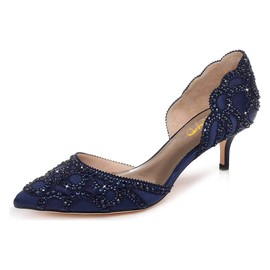 XYD Women's Pumps, Elegant Pointed Toe, D'Orsay Kitten Low Heels, Rhinestone Studs, Slip-On Satin Shoes for Wedding (Size 11, Navy)