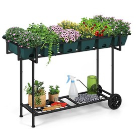 Vrisa Raised Garden Bed with Legs 43x17x29 in Plastic Elevated Planter Box Outdoor with Storage Shelf and Wheels Vegetables Herbs Flowers Standing Garden Beds for Backyard, Patio, Balcony, Green