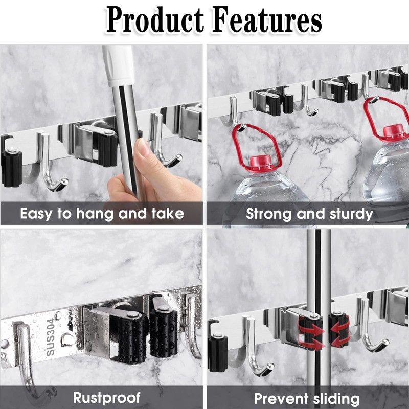 AceMining 5 Racks and 4 Hooks Mop and Broom Holder