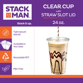 24 oz Clear Plastic Cups with Straw-Slot Lids [100 Sets] PET Crystal Clear Disposable 24oz Plastic Cups with Lids - Crystal Clear, Durable Cup. BPA Free + Crack Resistant, for Coffee, Juice, Shakes