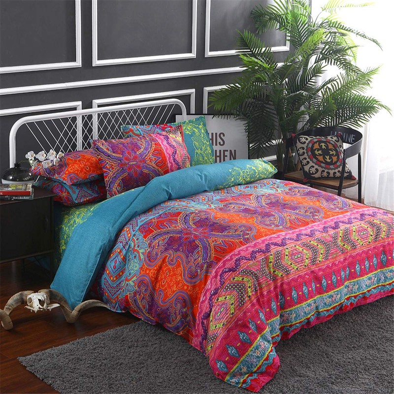 King Size Bohemian Duvet Cover Red and Blue Colorful Boho