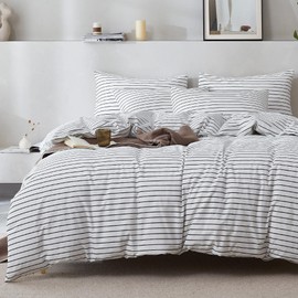 JELLYMONI 100% Natural Cotton 2pcs Striped Duvet Cover Sets, White Duvet Cover with Thin Black Stripes Pattern Printed Comforter Cover, with Zipper Closure & Corner Ties(Twin Size)