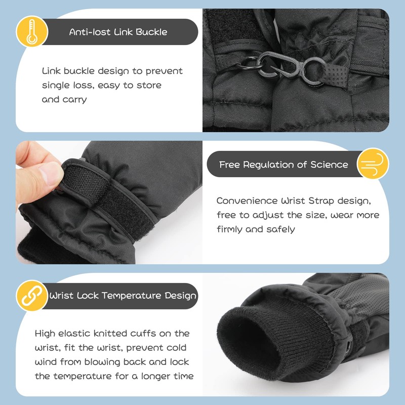 QKURT Kids Ski Gloves, Waterproof Insulated Snow Gloves Windproof Outdoor