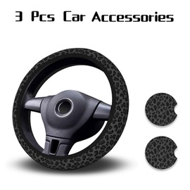 KARREAL Car Steering Wheel Cover with 2 Pcs Car Coasters, Black Leopard Cheetah Print Car Accessories Decorations for Women, Fit 14.5-15 Inch Auto, Suvs, Truck