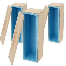 HEIHAK 3 Set 42 oz Silicone Soap Molds, Rectangular Bar Loaf Soap Making Mold Kit with Wood Boxes and Lids, Flexible Soap Molds for Soap Making Supplies, DIY Homemade Soap, Craft, Blue